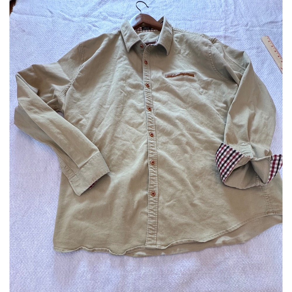 COOFANDY Mens Khaki Button Down Shirt Plaid Trim Long Sleeve Casual Tan XXXL